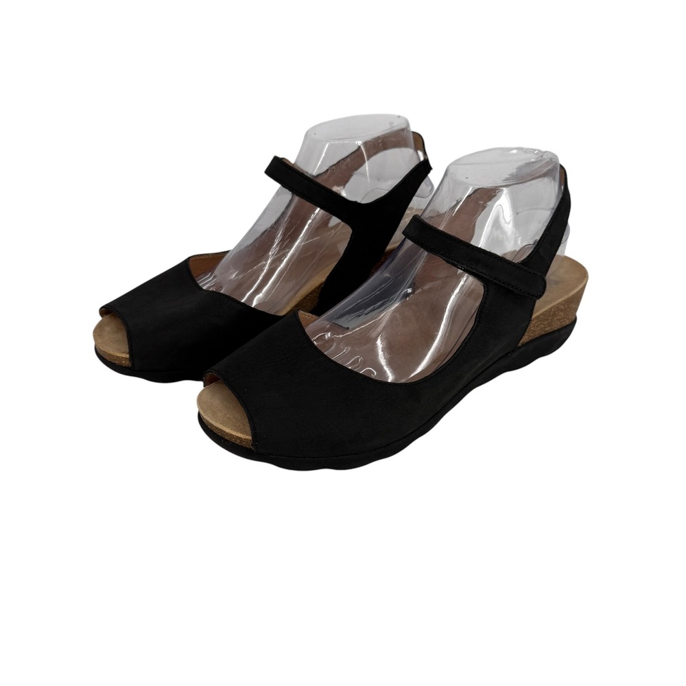 Dansko Marcy Womens Size 40 9.5-10 Black Leather Peep Toe Wedge Sandals Comfort